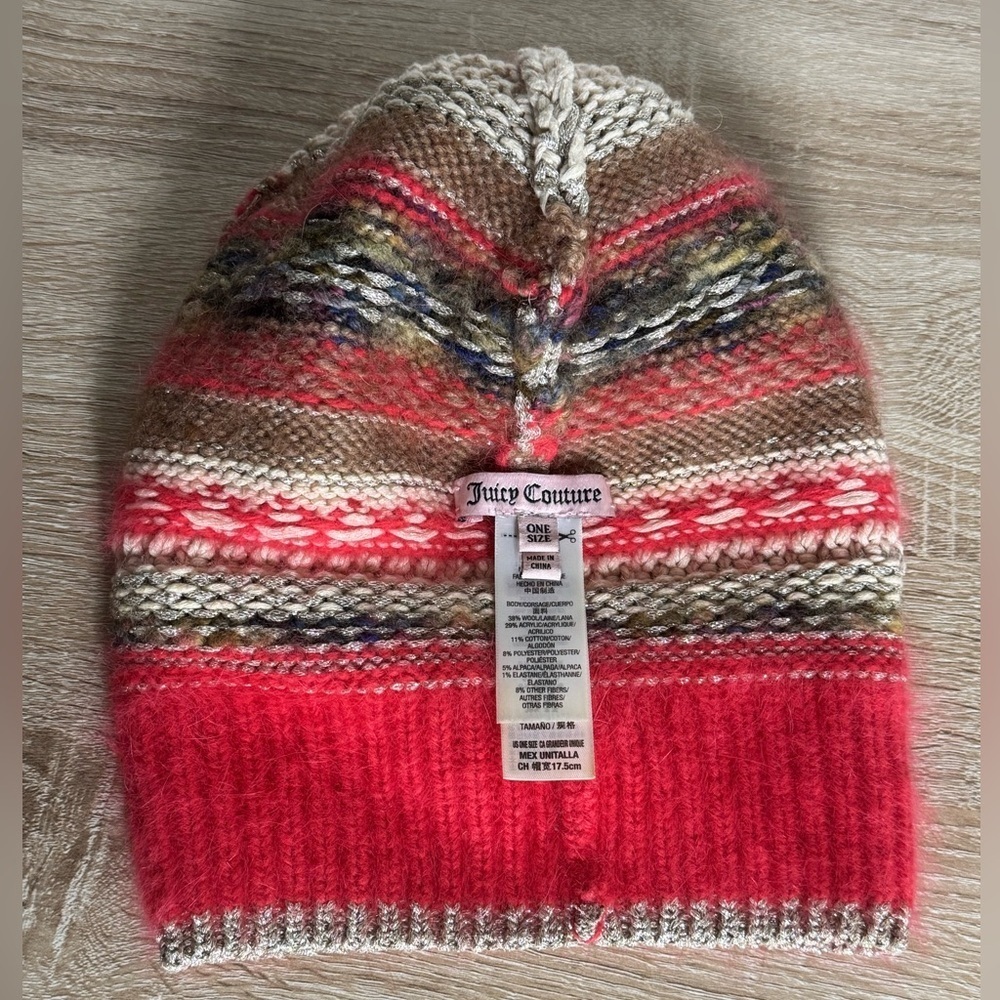 Juicy Couture Women One Size Multi-Colored Knit Wool Blend Beanie Hat Pom-Pom - Picture 12 of 13
